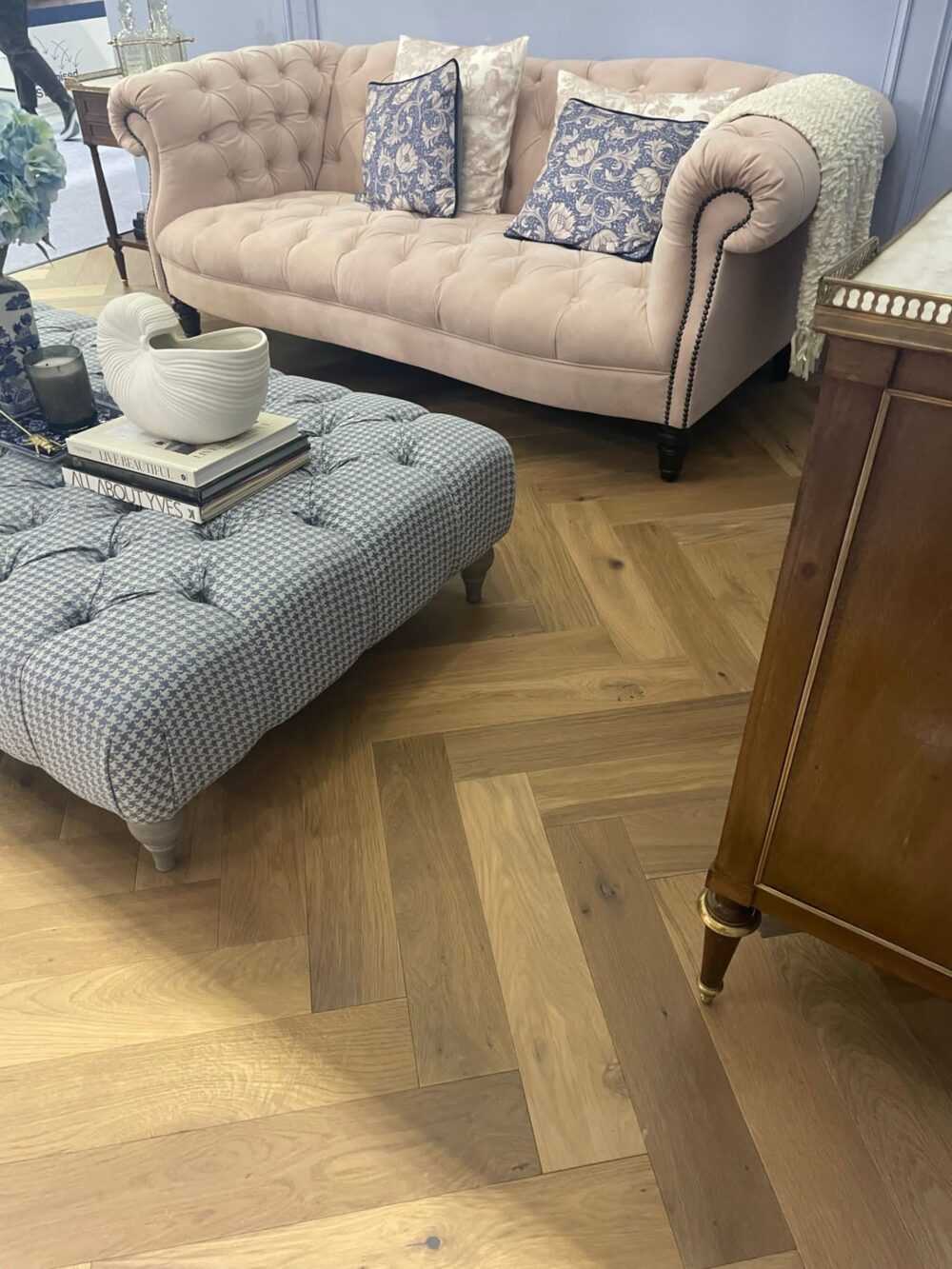 Engineered oak herringbone floor in a living room setting