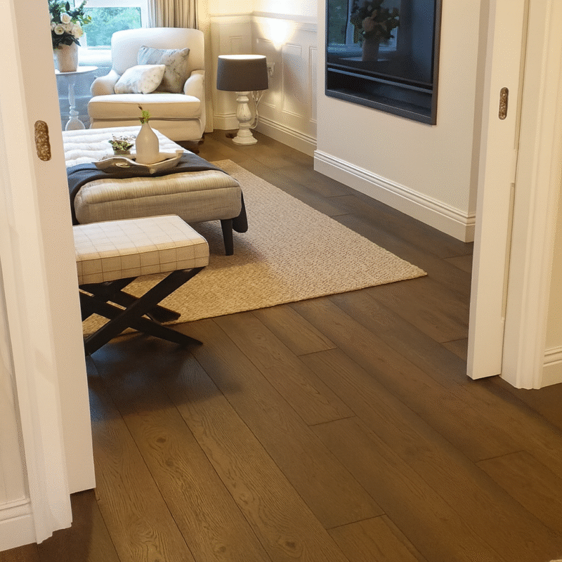 Dark oak charcoal engineered wood flooring in a modern living room with natural light, soft furnishings, and a neutral colour palette.